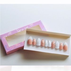 Hand painted white glitter and rhinestoned press on nails